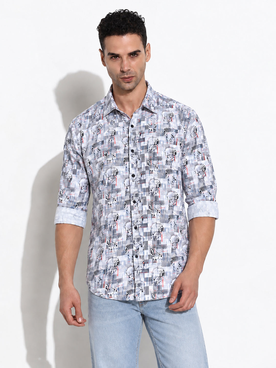 Men’s Abstract Printed Blue Slim Fit Long Sleeves Shirt