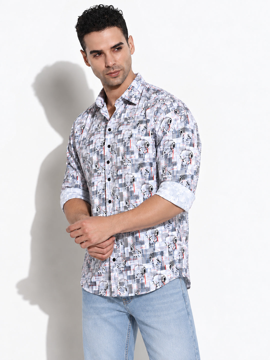Men’s Abstract Printed Blue Slim Fit Long Sleeves Shirt