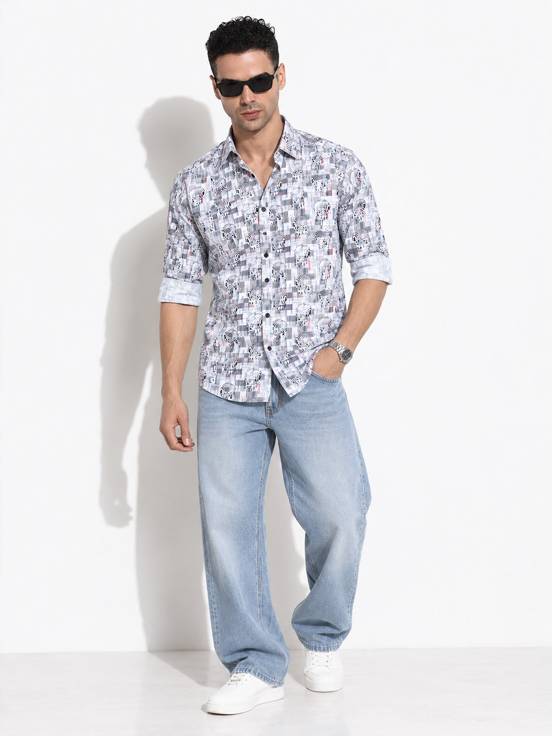 Men’s Abstract Printed Blue Slim Fit Long Sleeves Shirt