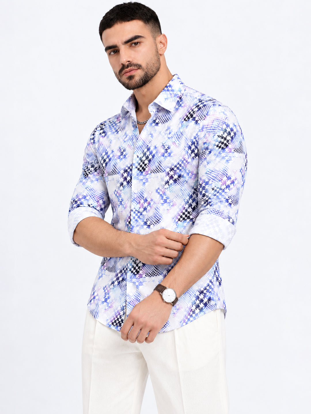 Men’s Abstract Printed Blue Slim Fit Long Sleeves Shirt