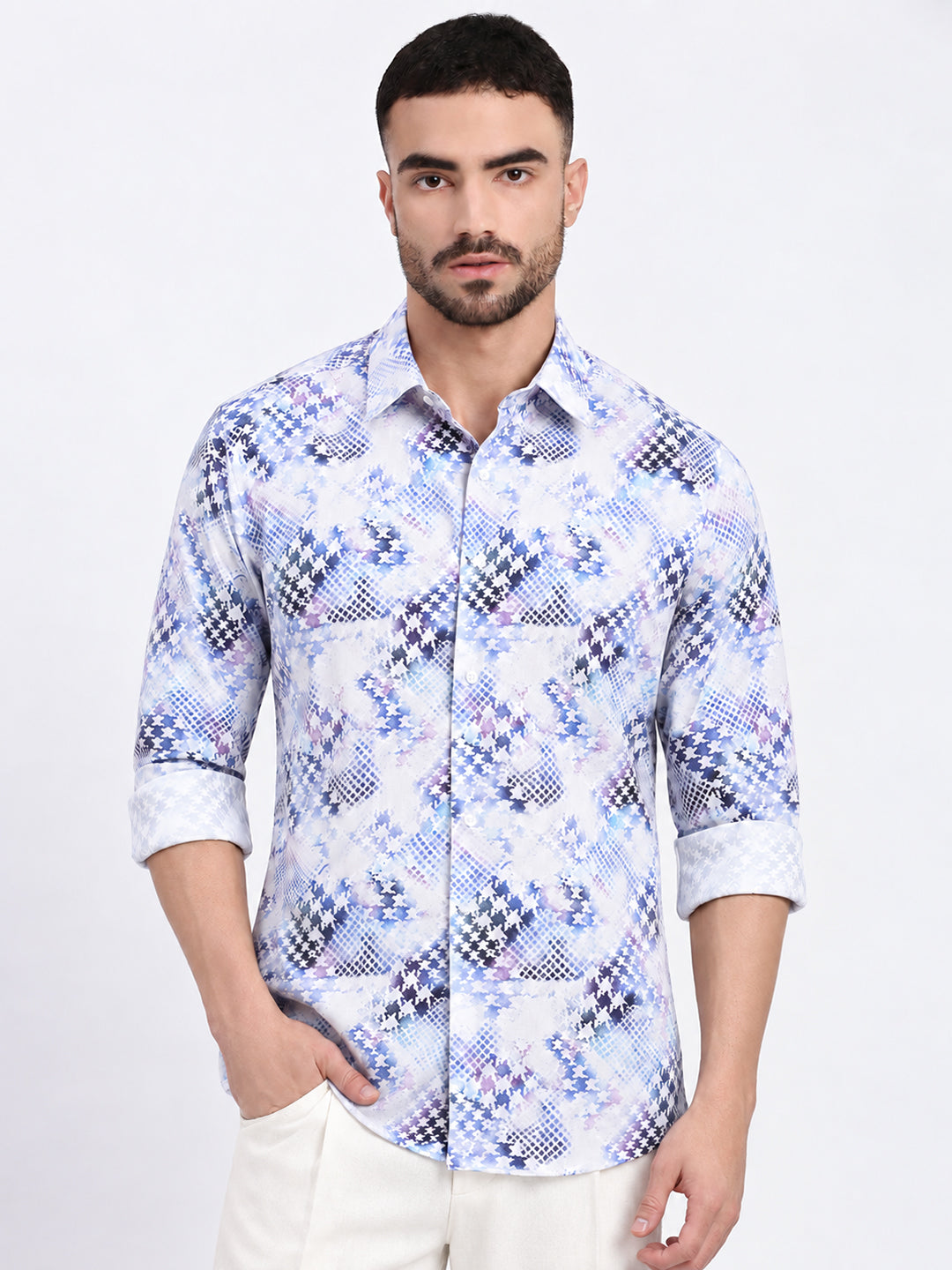 Men’s Abstract Printed Blue Slim Fit Long Sleeves Shirt