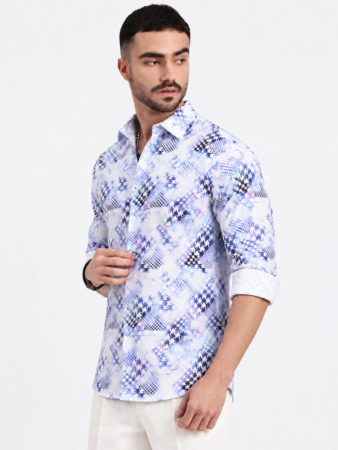 Men’s Abstract Printed Blue Slim Fit Long Sleeves Shirt