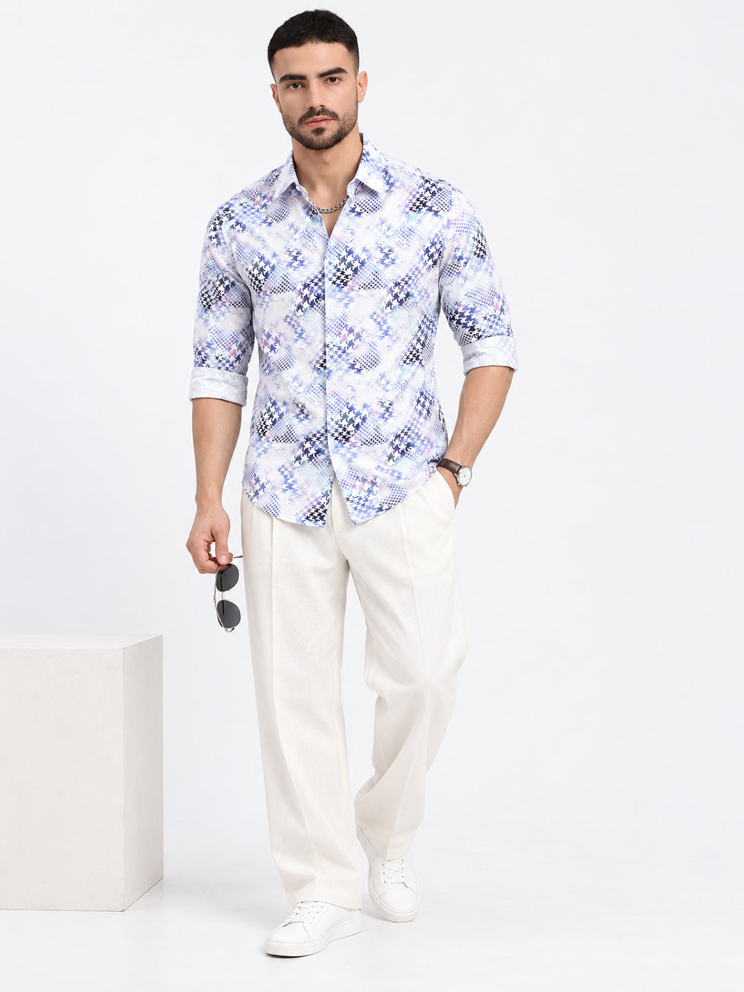 Men’s Abstract Printed Blue Slim Fit Long Sleeves Shirt