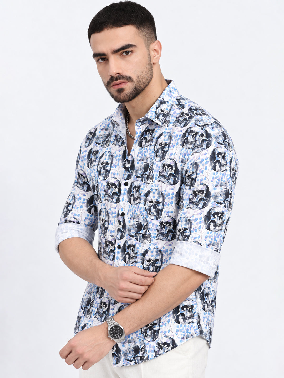 Men’s Abstract Printed White Slim Fit Long Sleeves Shirt