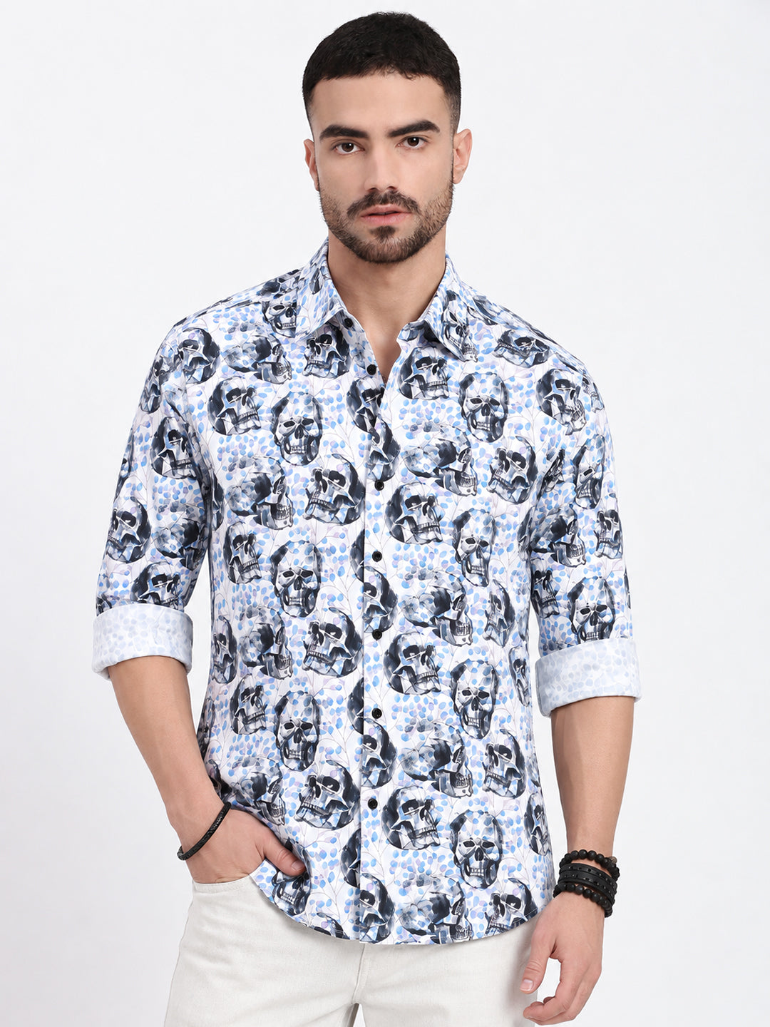 Men’s Abstract Printed White Slim Fit Long Sleeves Shirt