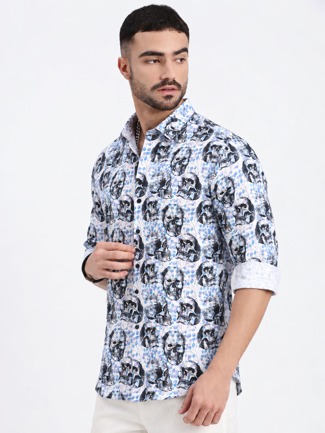 Men’s Abstract Printed White Slim Fit Long Sleeves Shirt