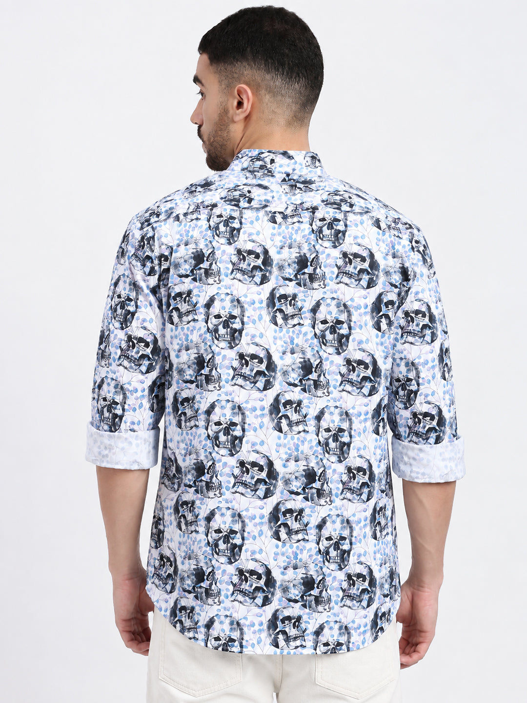 Men’s Abstract Printed White Slim Fit Long Sleeves Shirt