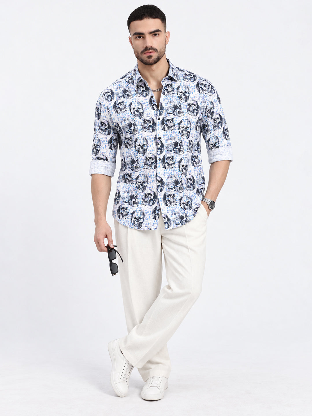 Men’s Abstract Printed White Slim Fit Long Sleeves Shirt