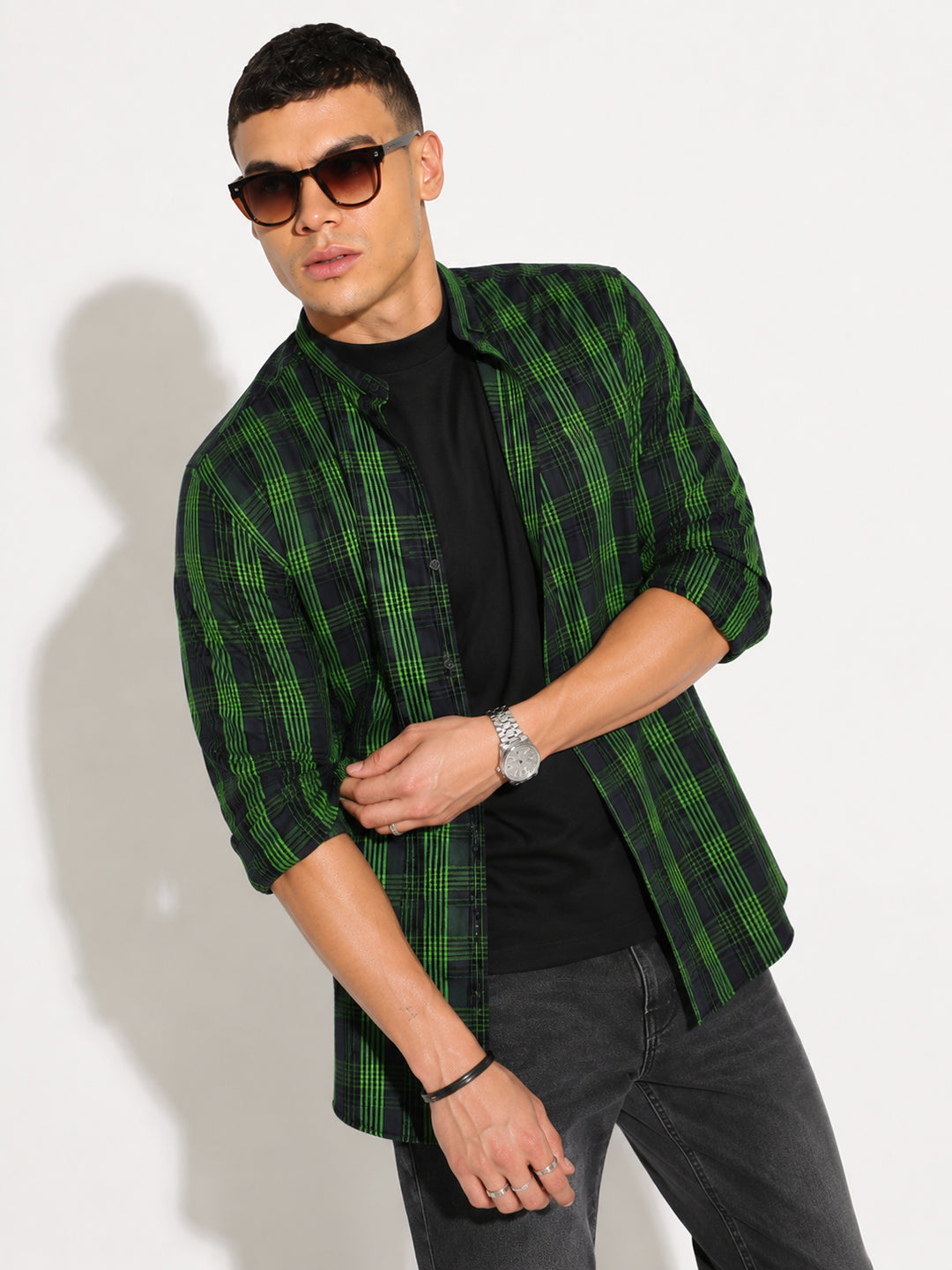 Men’s Checked Black Slim Fit Mandarin Collar Long Sleeves Shirt