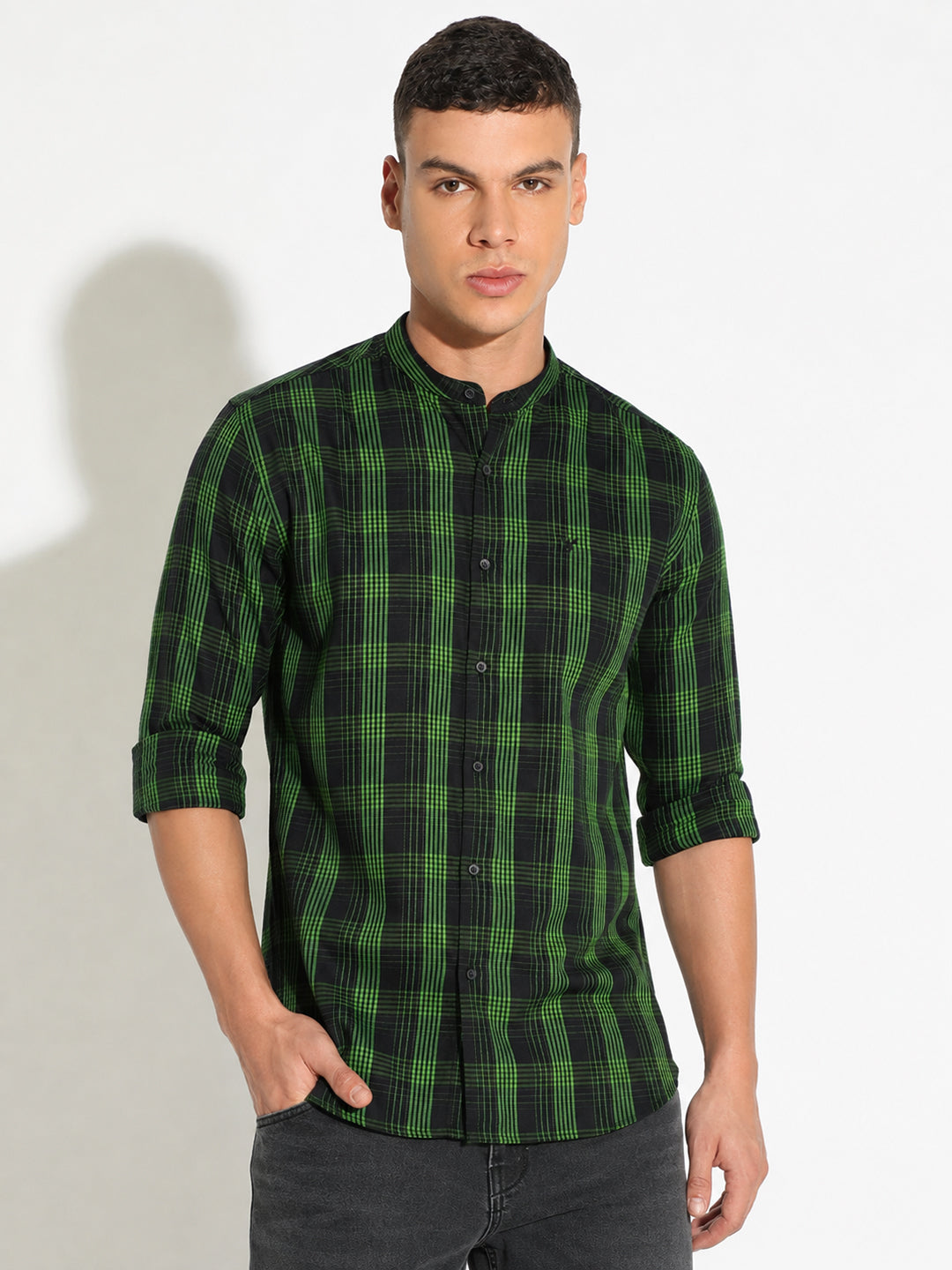 Men’s Checked Black Slim Fit Mandarin Collar Long Sleeves Shirt
