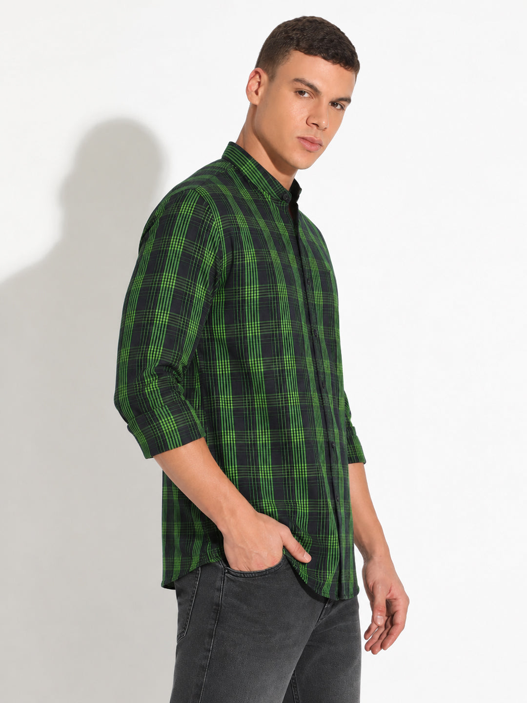 Men’s Checked Black Slim Fit Mandarin Collar Long Sleeves Shirt