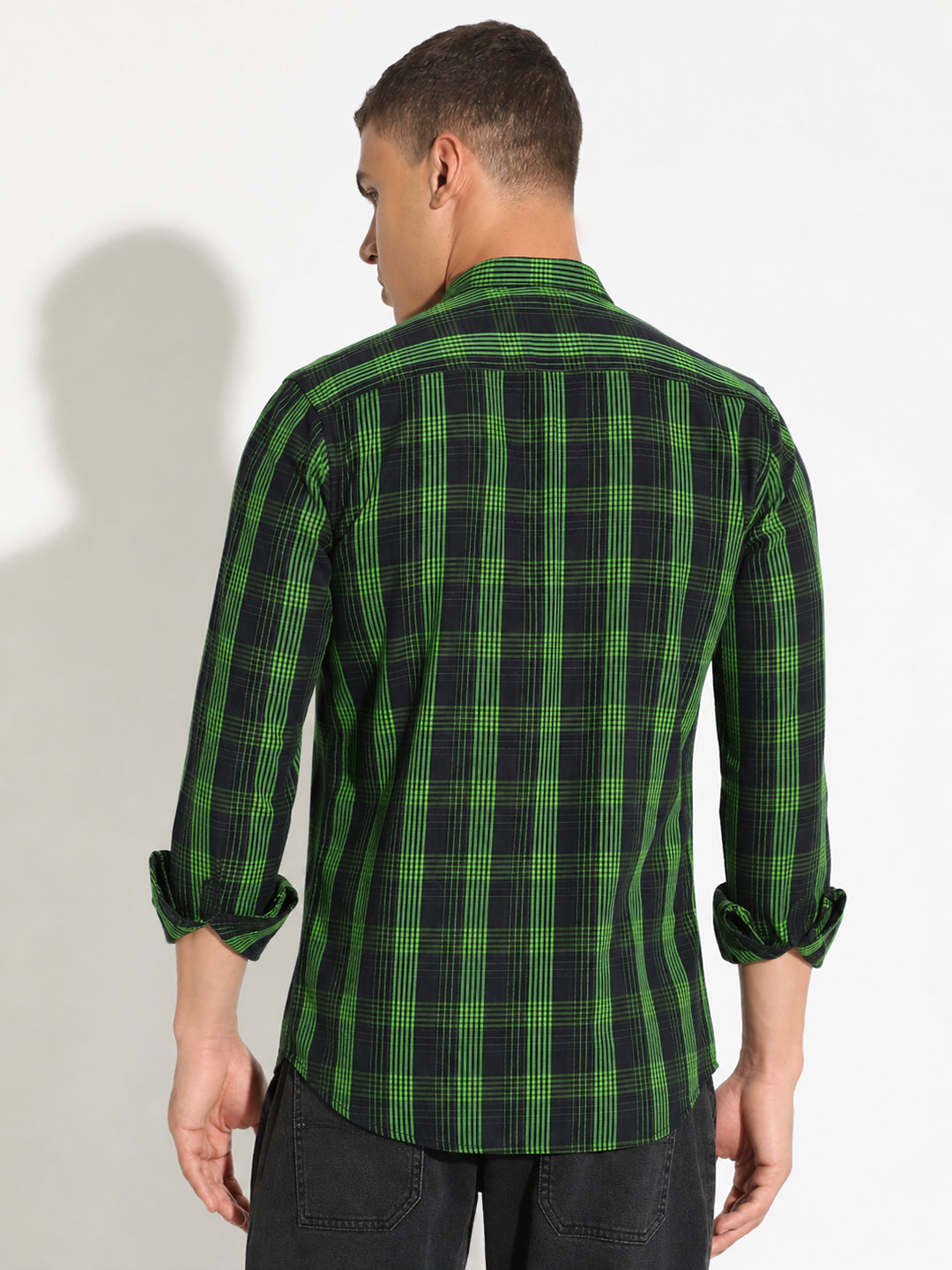 Men’s Checked Black Slim Fit Mandarin Collar Long Sleeves Shirt
