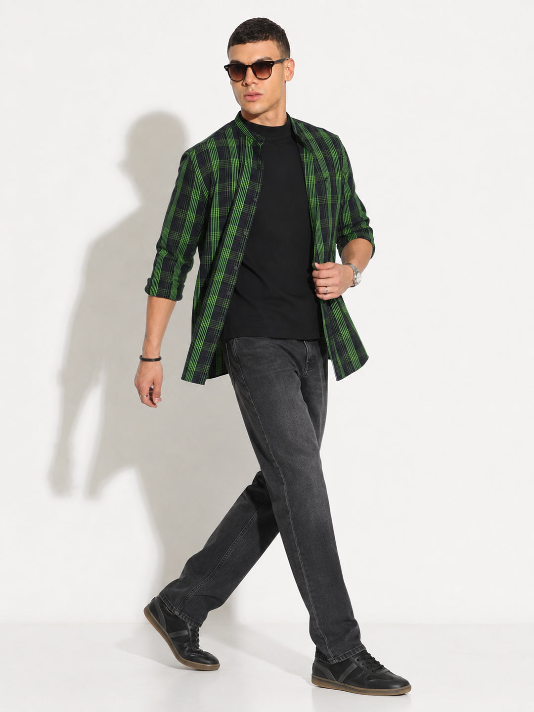 Men’s Checked Black Slim Fit Mandarin Collar Long Sleeves Shirt