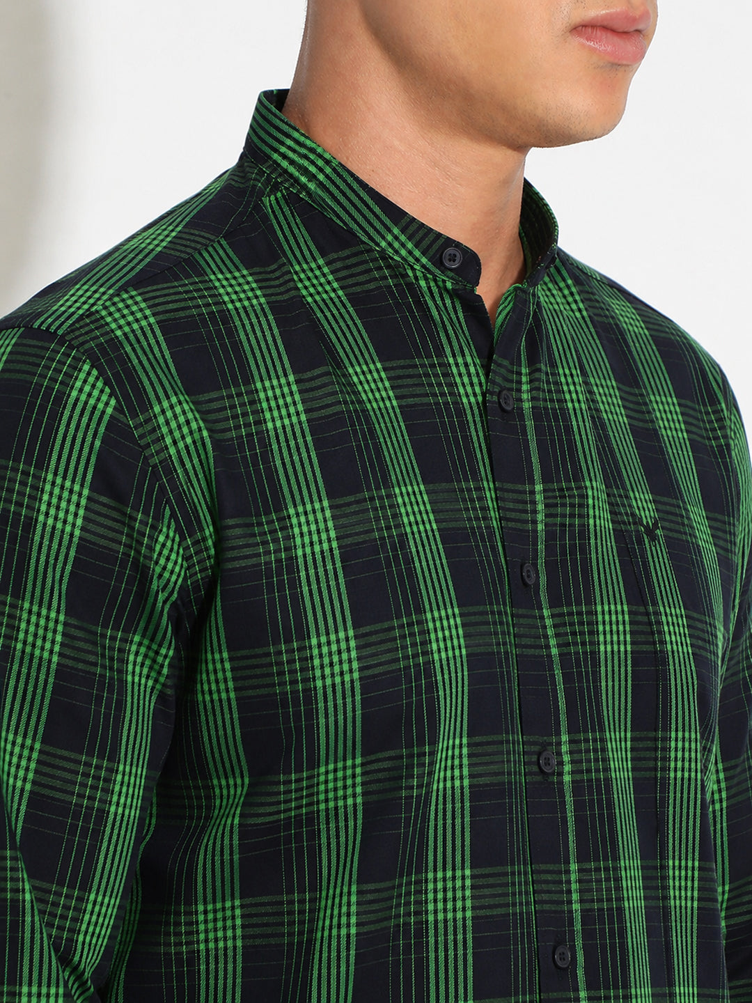 Men’s Checked Black Slim Fit Mandarin Collar Long Sleeves Shirt