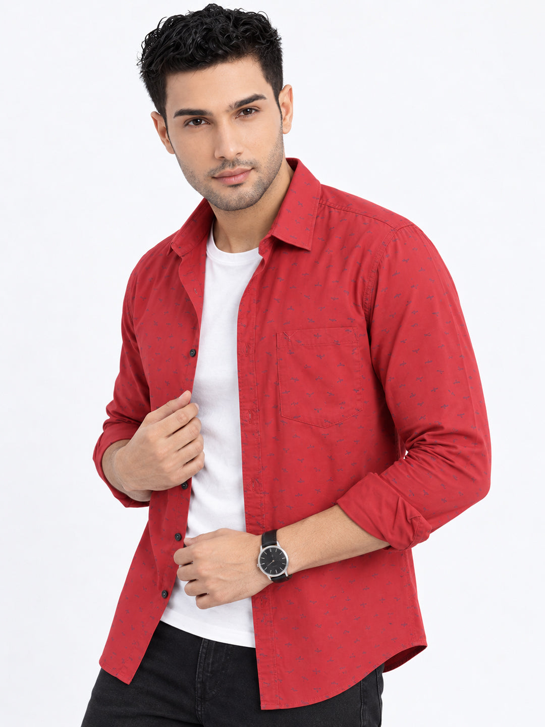 Men’s Micro Printed Red Slim Fit Long Sleeves Shirt with Chest Pocket