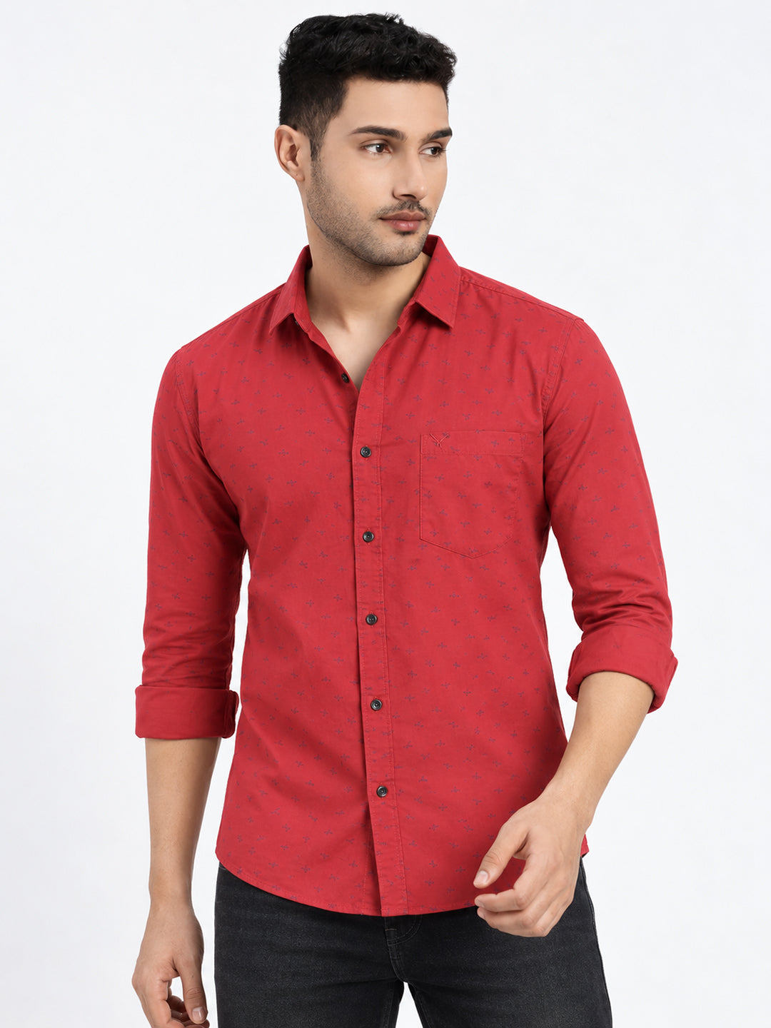 Men’s Micro Printed Red Slim Fit Long Sleeves Shirt with Chest Pocket