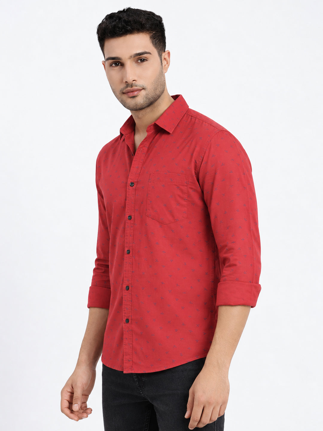 Men’s Micro Printed Red Slim Fit Long Sleeves Shirt with Chest Pocket