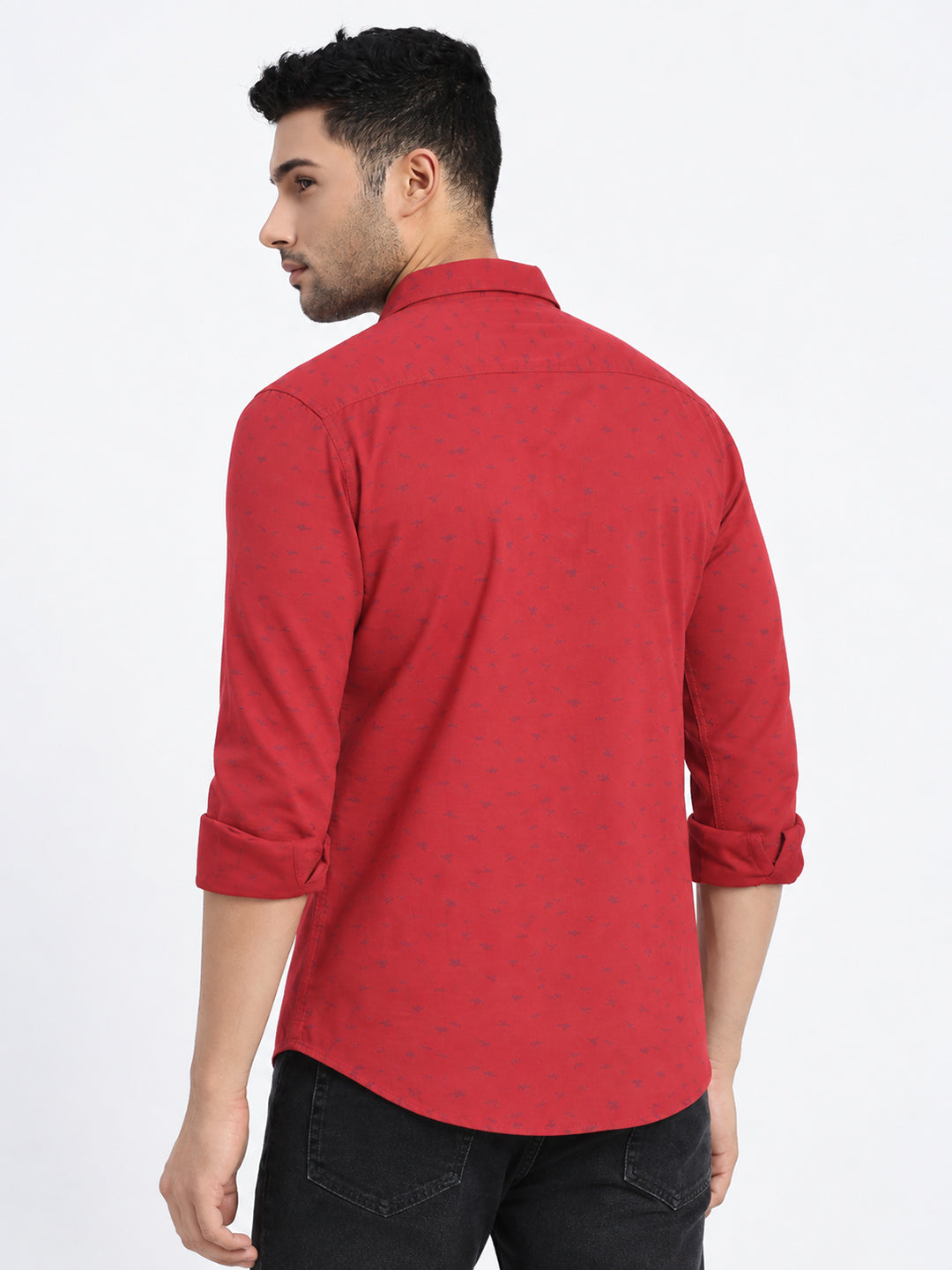 Men’s Micro Printed Red Slim Fit Long Sleeves Shirt with Chest Pocket