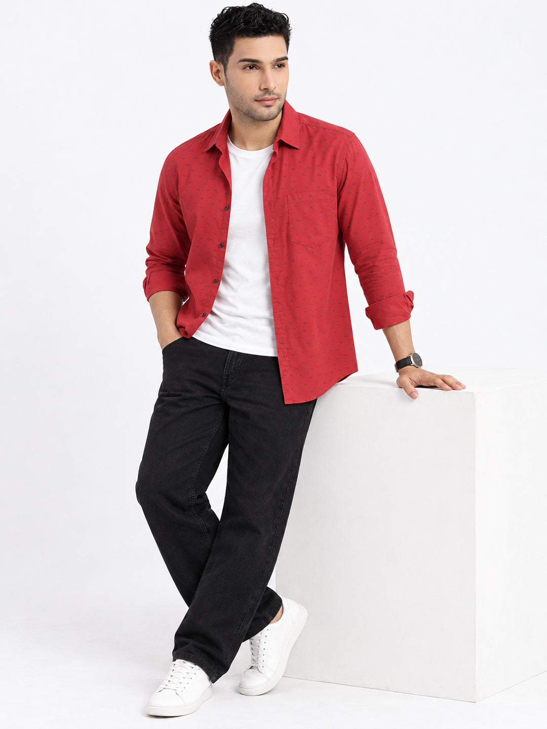Men’s Micro Printed Red Slim Fit Long Sleeves Shirt with Chest Pocket