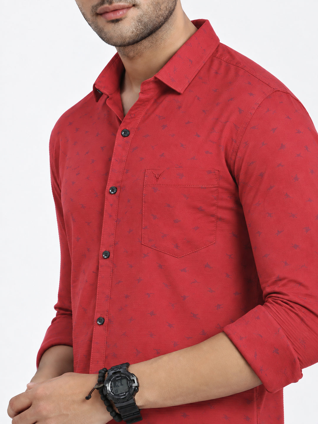 Men’s Micro Printed Red Slim Fit Long Sleeves Shirt with Chest Pocket