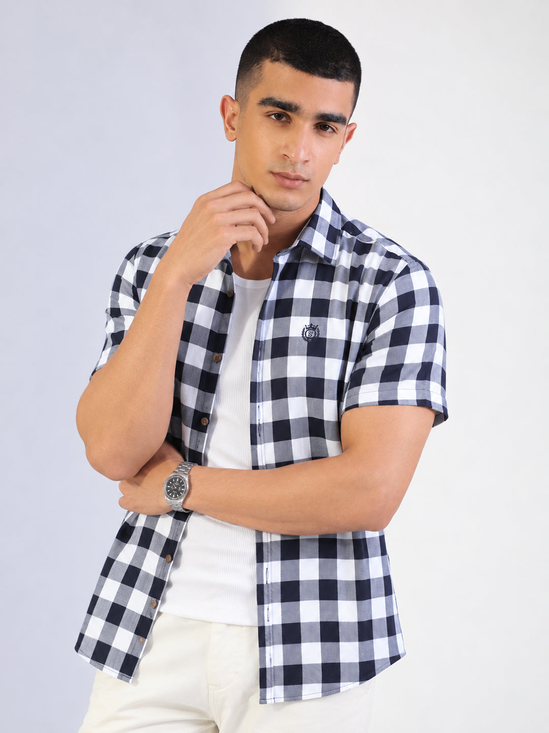 Men’s Checked White Regular Fit Short Sleeves Casual Shirt
