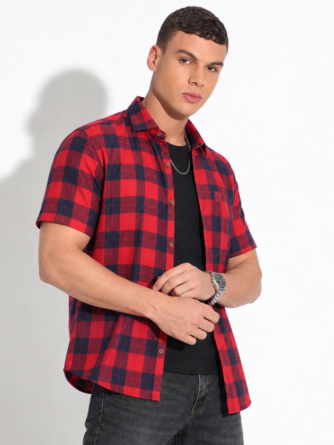 Men’s Tartan Checked Red Regular Fit Short Sleeves Casual Shirt