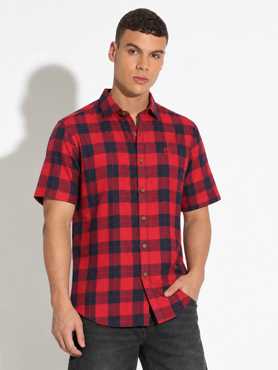 Men’s Tartan Checked Red Regular Fit Short Sleeves Casual Shirt