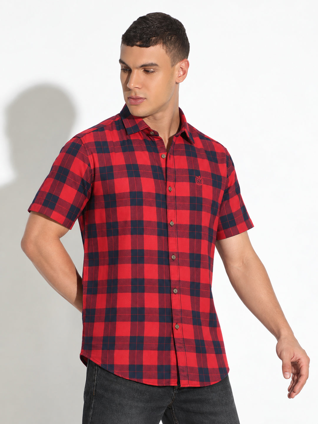 Men’s Tartan Checked Red Regular Fit Short Sleeves Casual Shirt