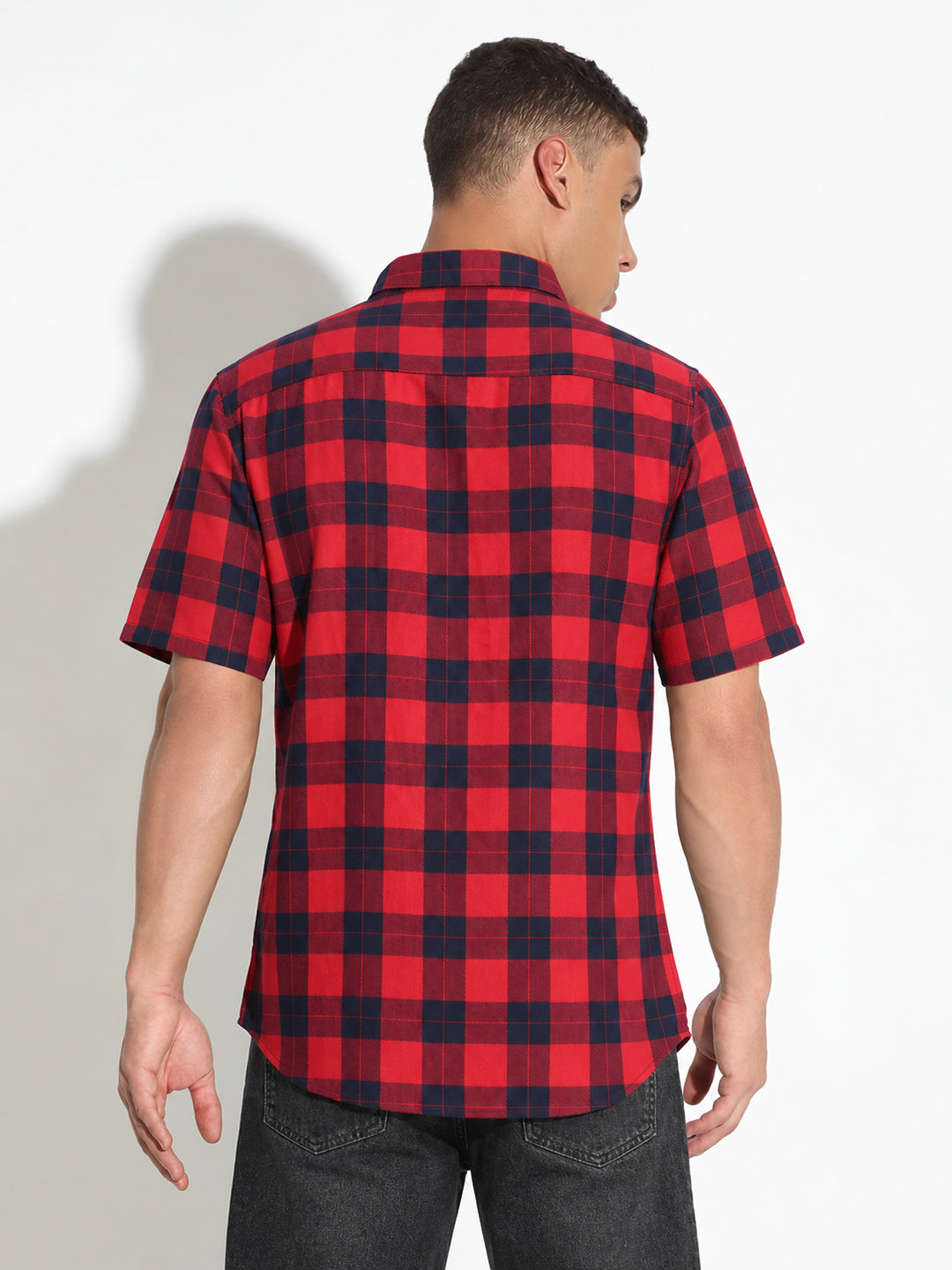Men’s Tartan Checked Red Regular Fit Short Sleeves Casual Shirt