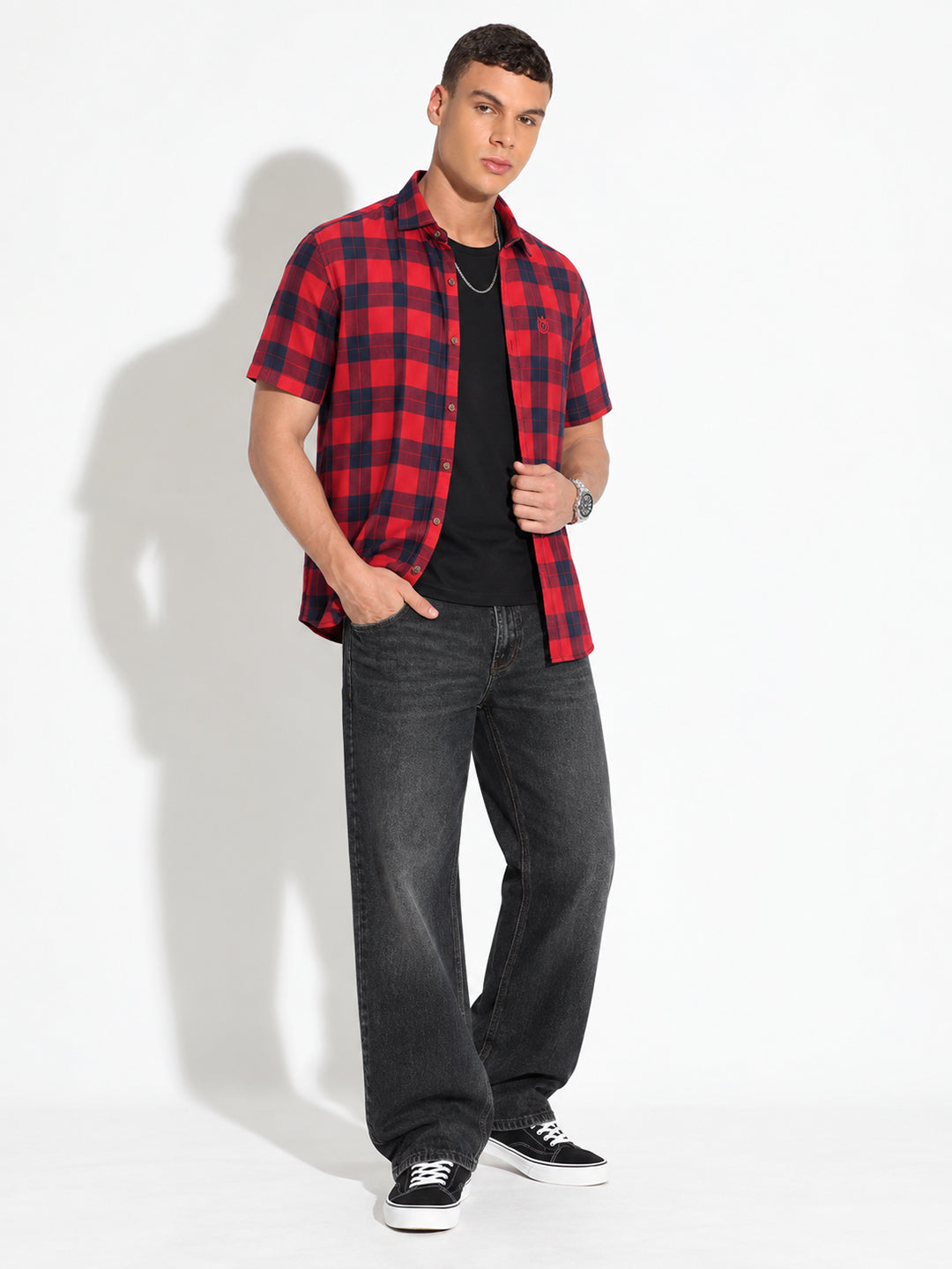 Men’s Tartan Checked Red Regular Fit Short Sleeves Casual Shirt