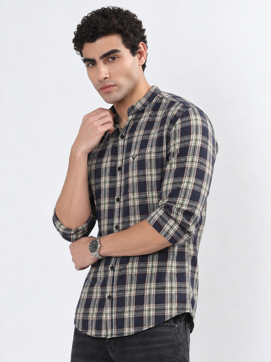 Men’s Tartan Check Blue Slim Fit Mandarin Collar Shirt