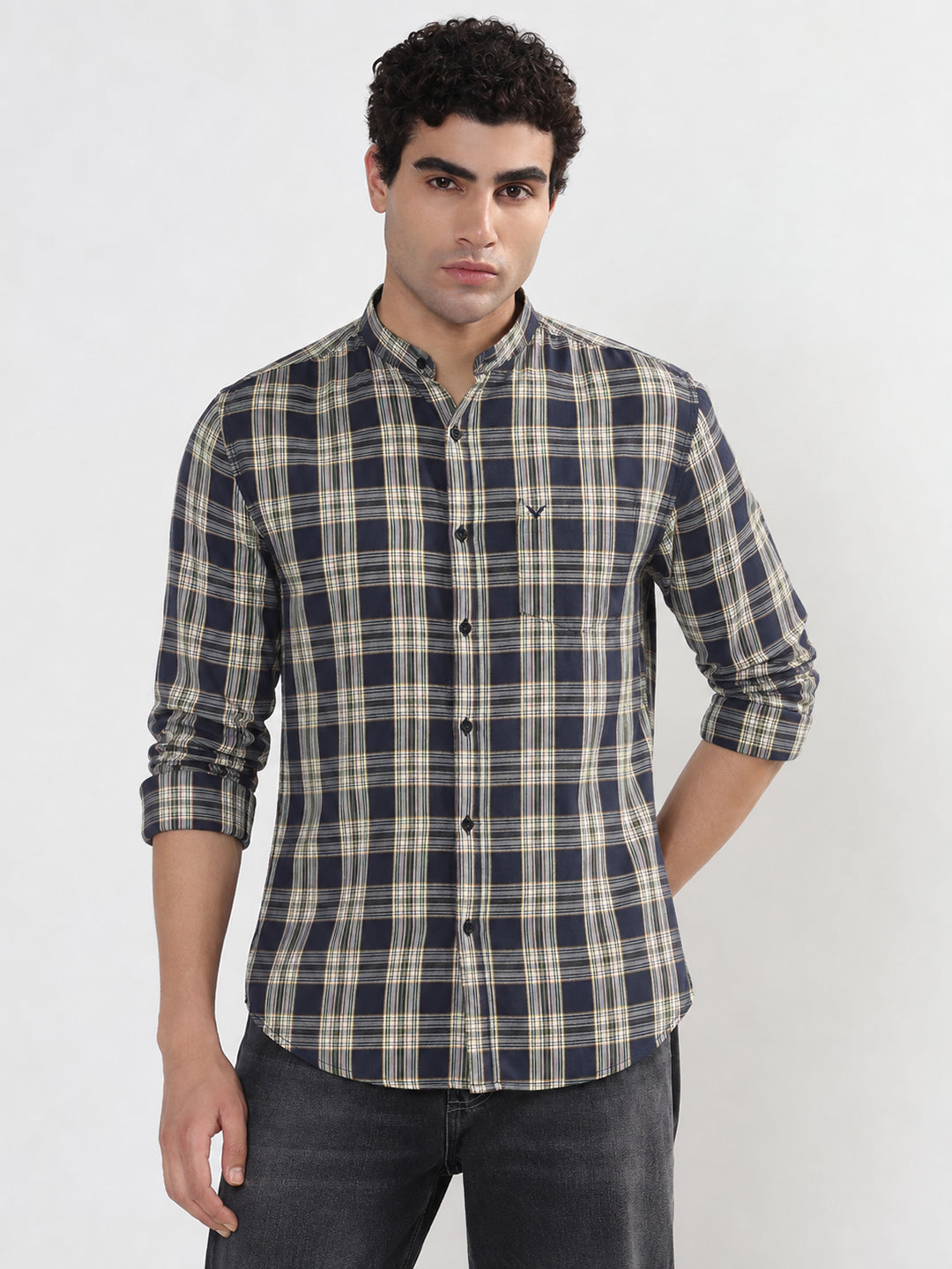 Men’s Tartan Check Blue Slim Fit Mandarin Collar Shirt