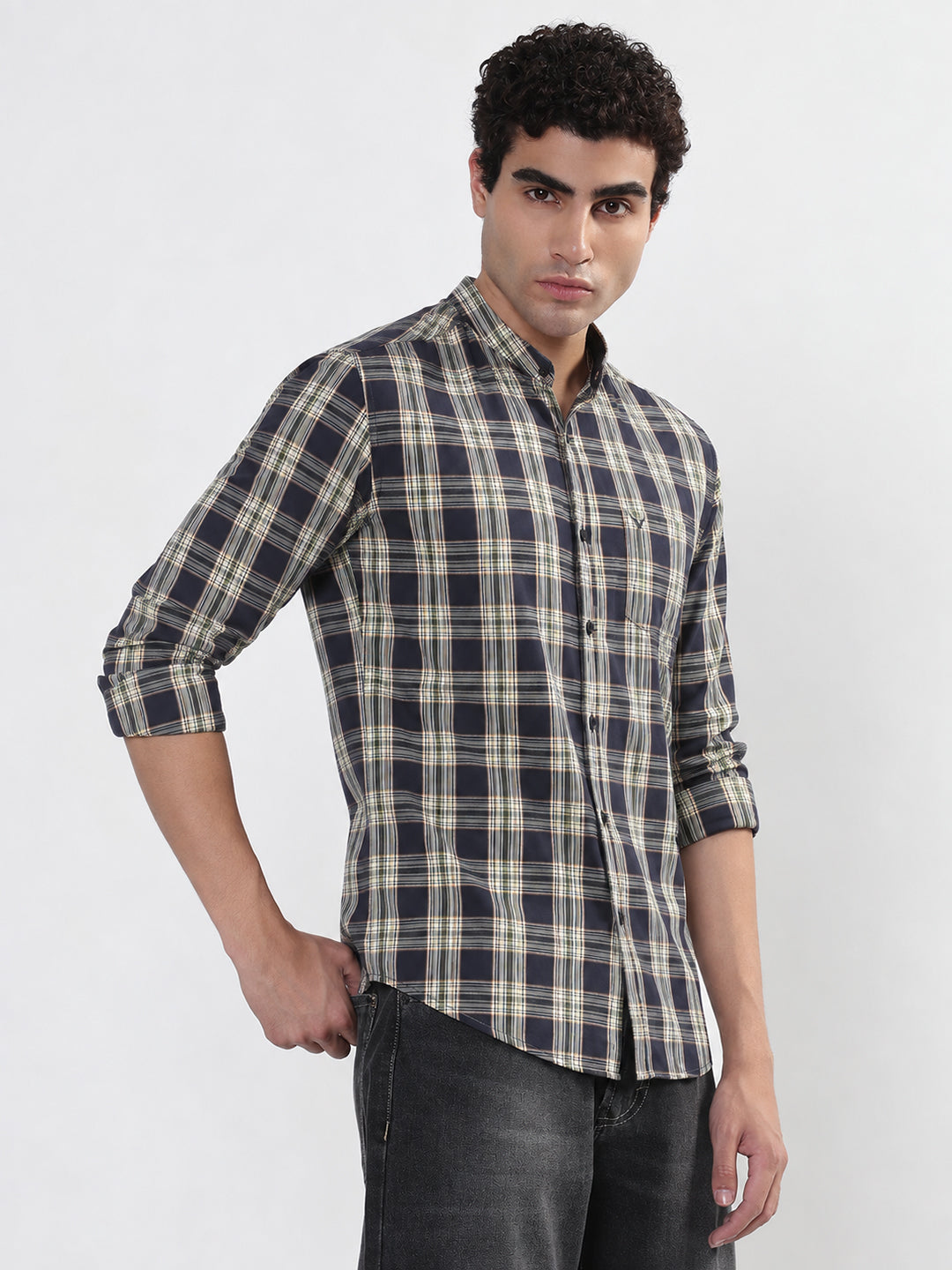 Men’s Tartan Check Blue Slim Fit Mandarin Collar Shirt