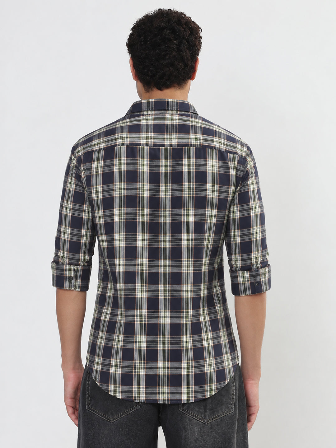 Men’s Tartan Check Blue Slim Fit Mandarin Collar Shirt