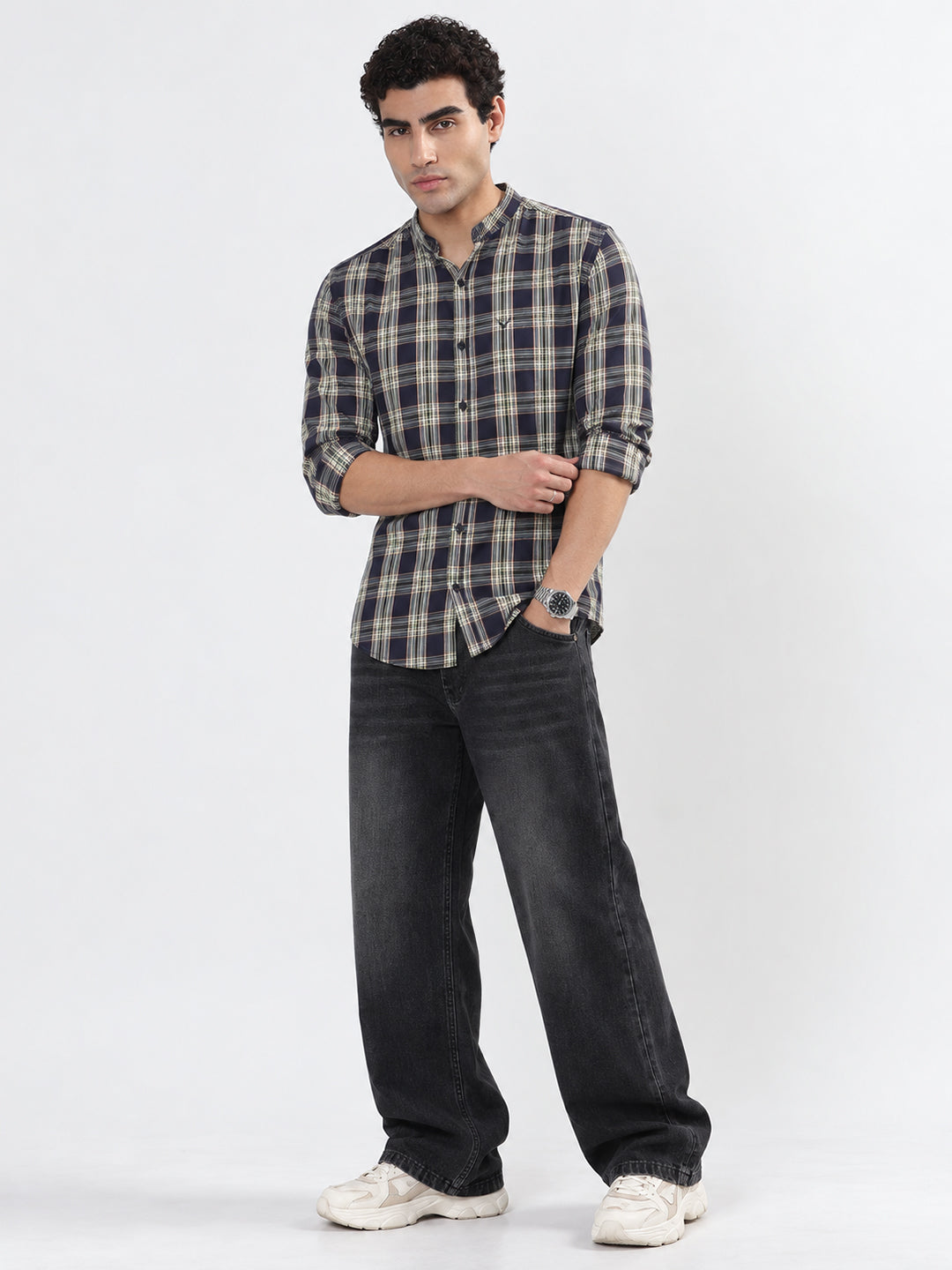 Men’s Tartan Check Blue Slim Fit Mandarin Collar Shirt