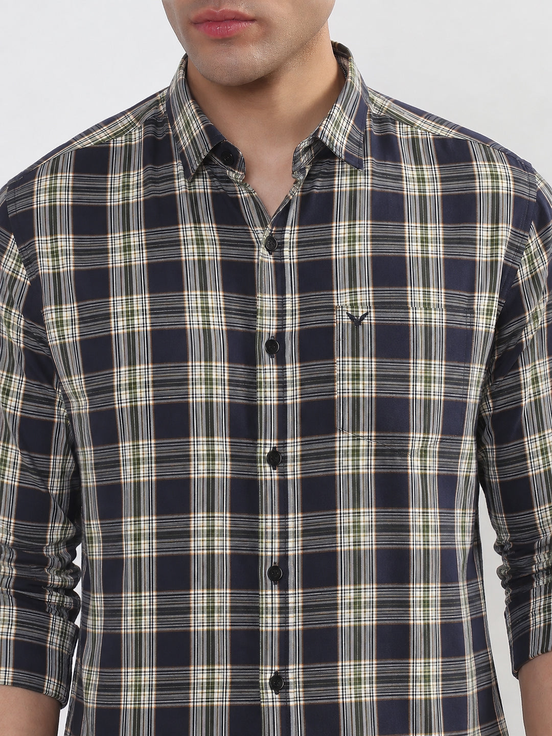 Men’s Tartan Check Blue Slim Fit Mandarin Collar Shirt