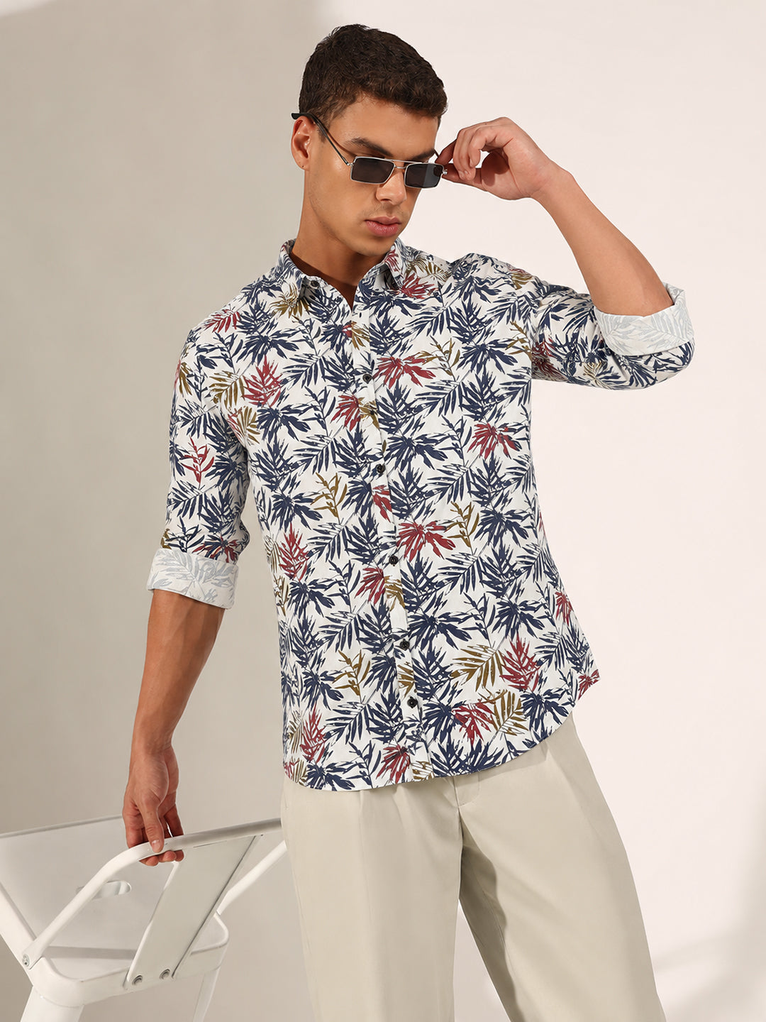 Men’s Tropical Printed White Slim Fit Long Sleeve Casual Shirt