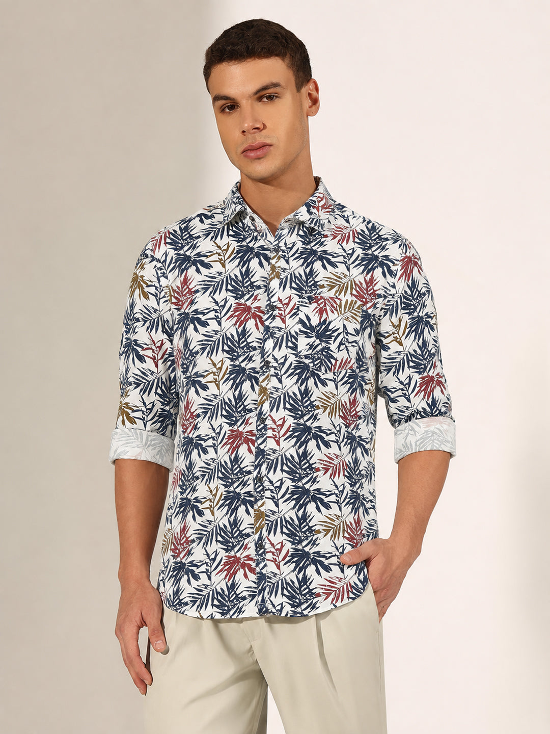 Men’s Tropical Printed White Slim Fit Long Sleeve Casual Shirt