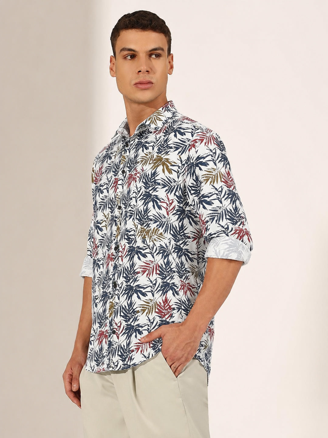 Men’s Tropical Printed White Slim Fit Long Sleeve Casual Shirt