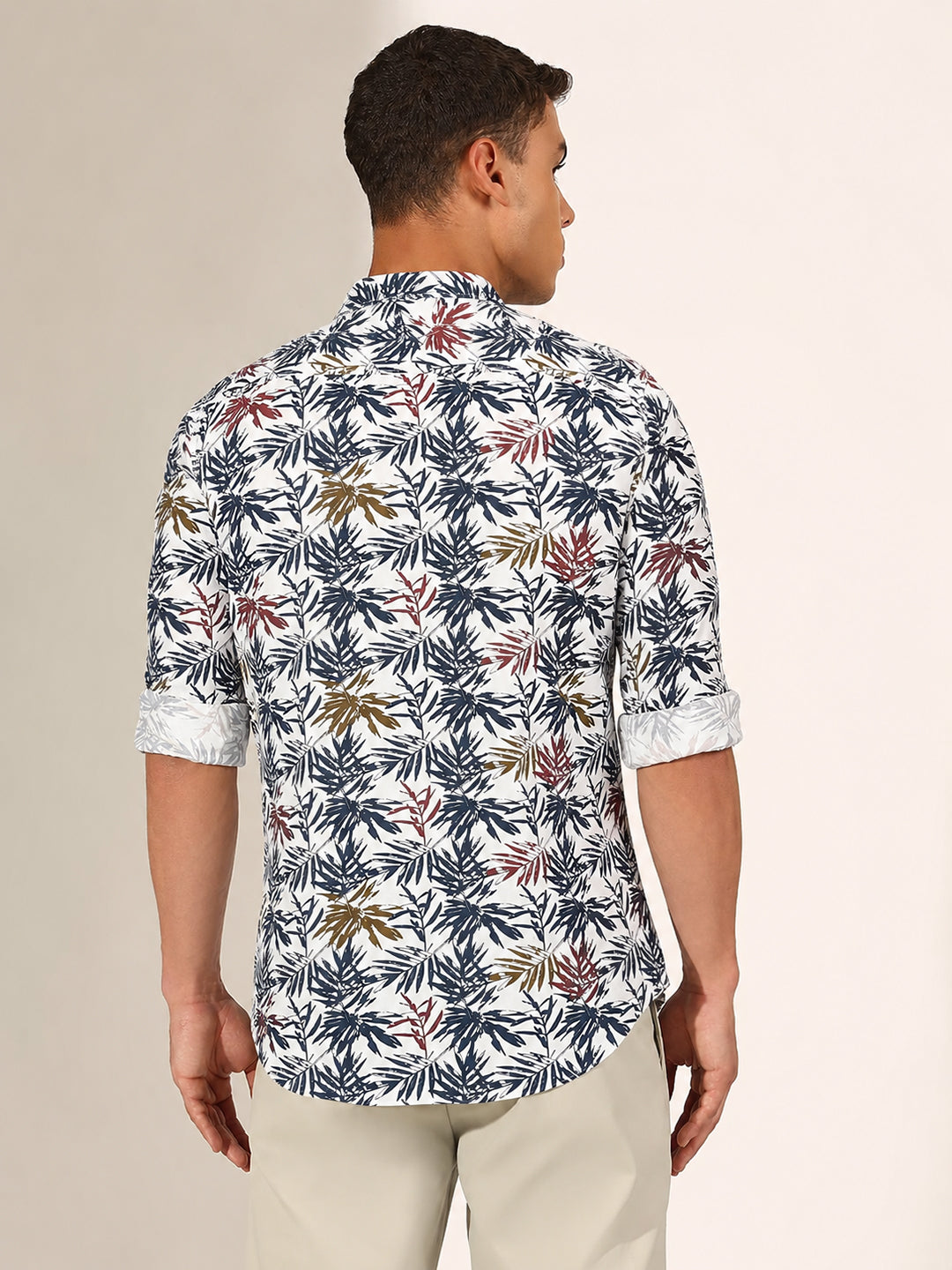 Men’s Tropical Printed White Slim Fit Long Sleeve Casual Shirt
