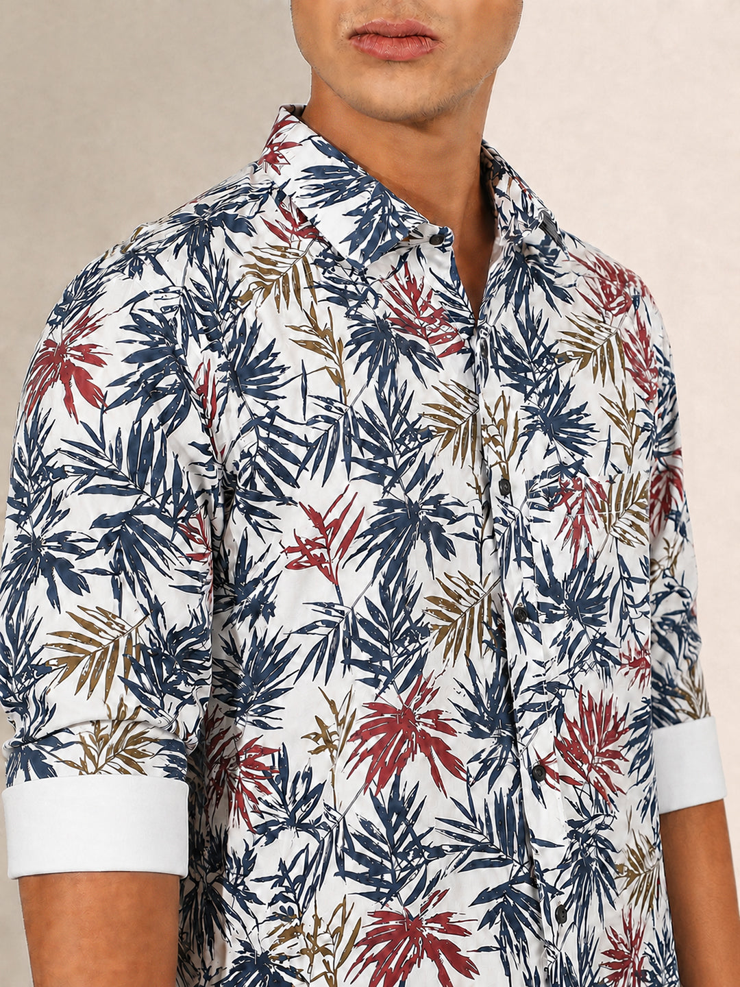 Men’s Tropical Printed White Slim Fit Long Sleeve Casual Shirt