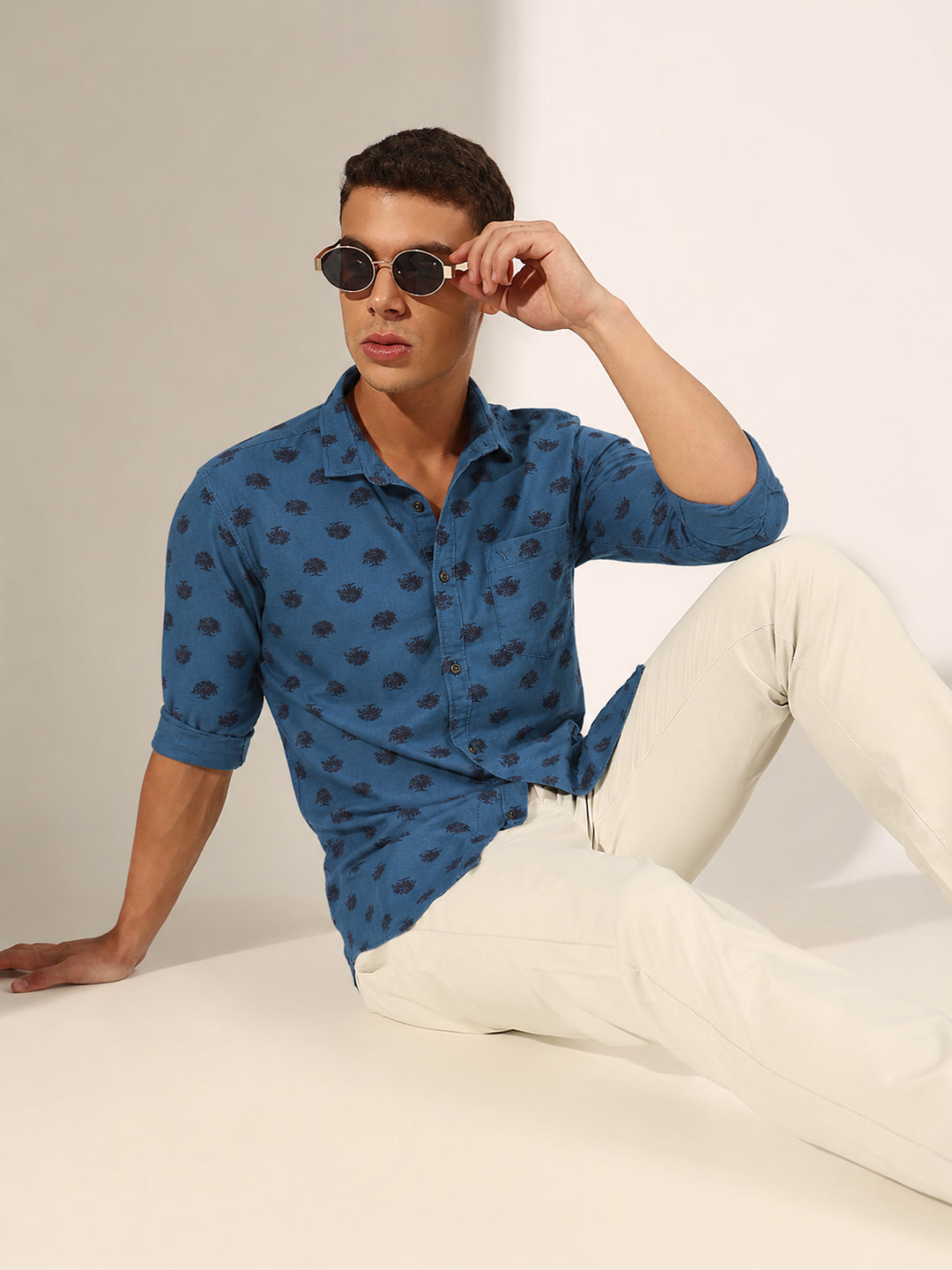 Men’s Graphic Printed Blue Slim Fit Long Sleeves Casual Shirt