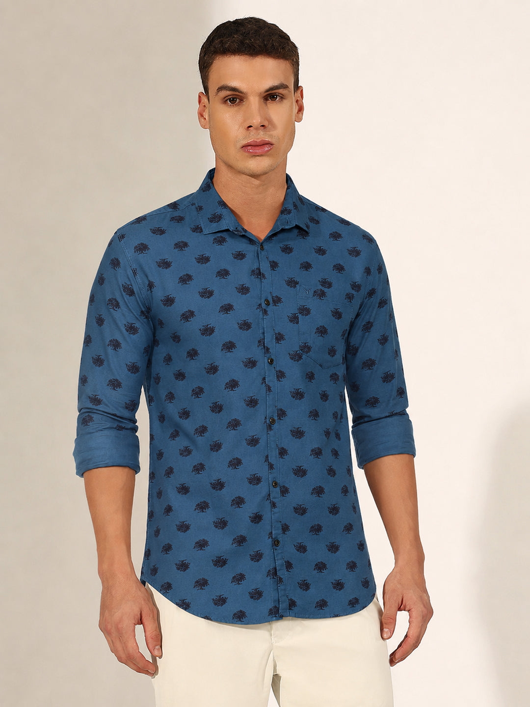 Men’s Graphic Printed Blue Slim Fit Long Sleeves Casual Shirt
