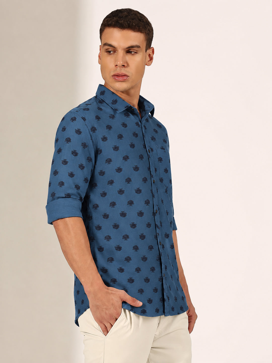 Men’s Graphic Printed Blue Slim Fit Long Sleeves Casual Shirt
