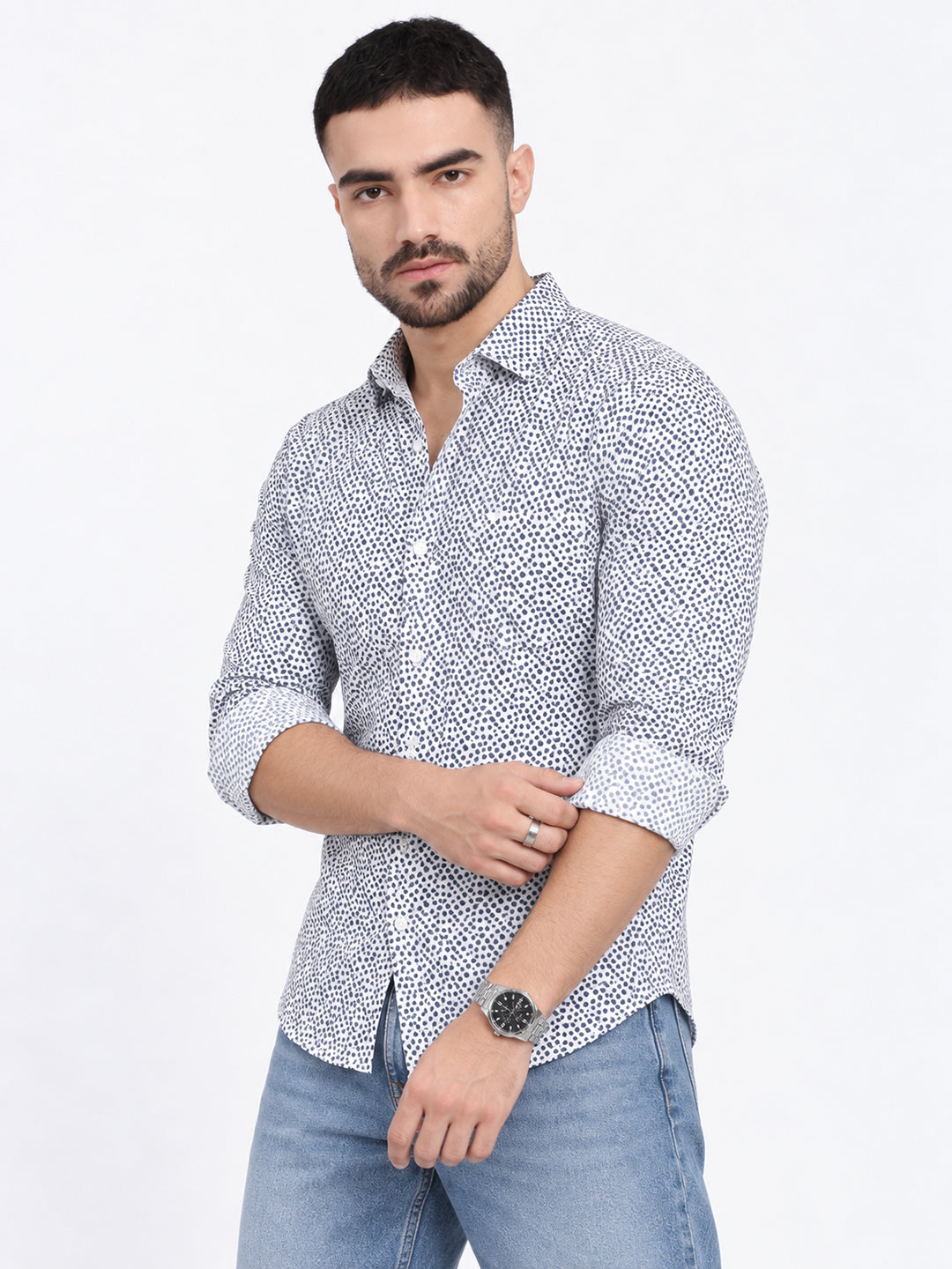 Men’s Micro Printed White Slim Fit Long Sleeves Casual Shirt
