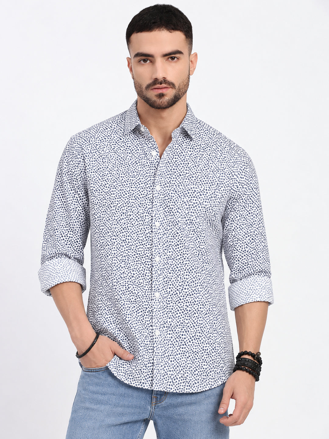 Men’s Micro Printed White Slim Fit Long Sleeves Casual Shirt