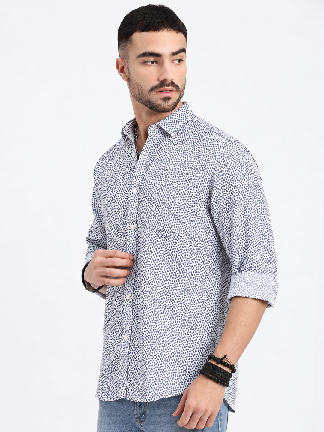 Men’s Micro Printed White Slim Fit Long Sleeves Casual Shirt