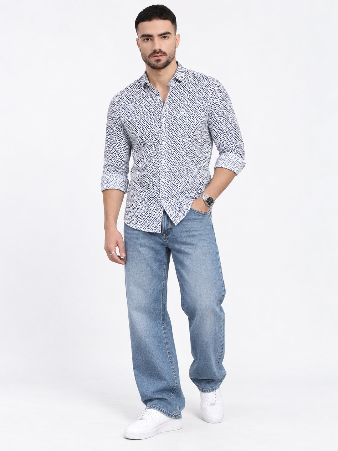 Men’s Micro Printed White Slim Fit Long Sleeves Casual Shirt