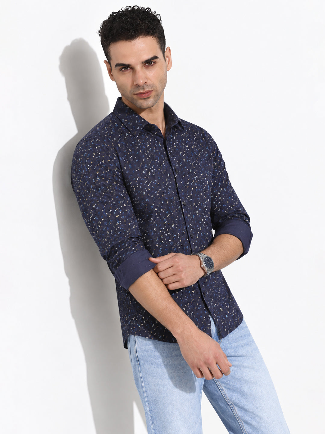 Men’s Micro Printed Navy Blue Slim Fit Long Sleeves Casual Shirt