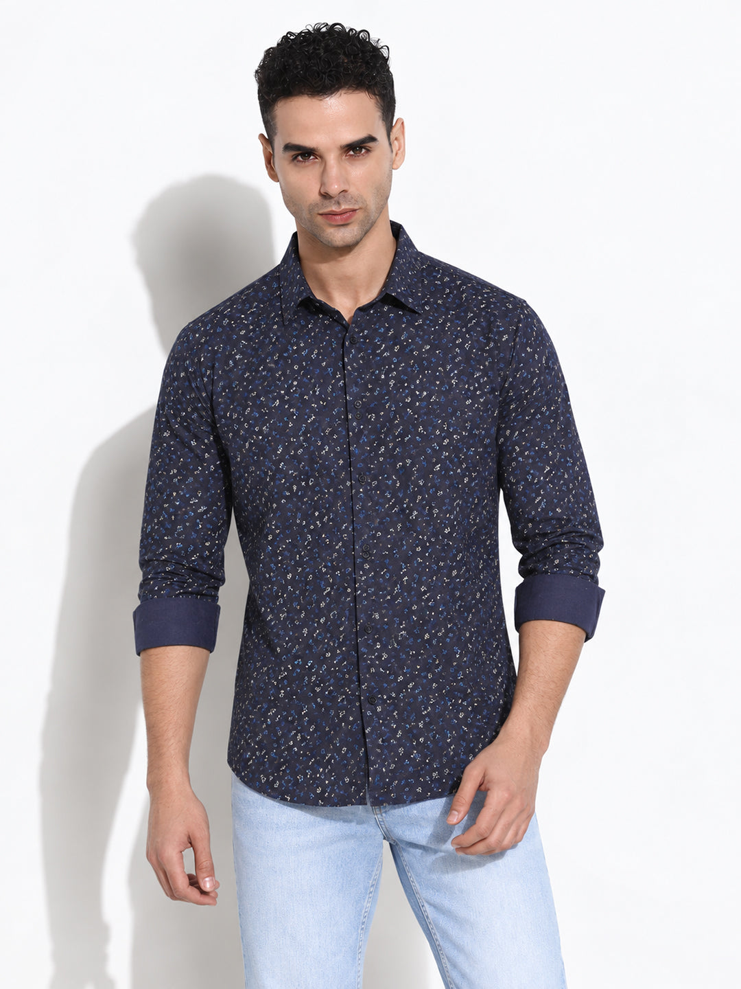 Men’s Micro Printed Navy Blue Slim Fit Long Sleeves Casual Shirt